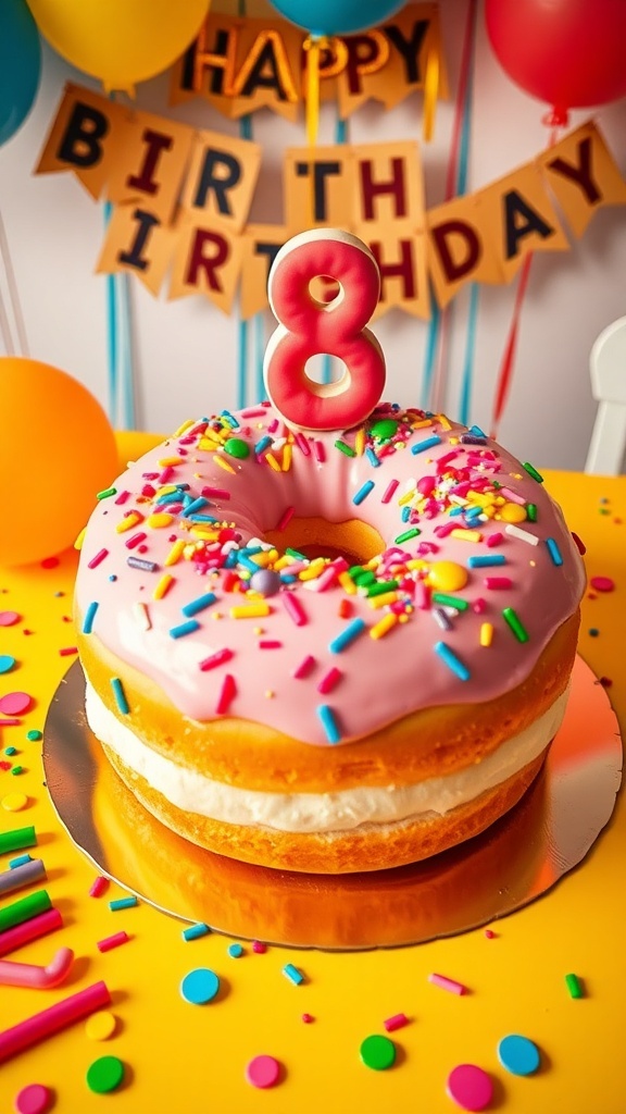 A colorful donut cake with icing and sprinkles on a birthday table with decorations.